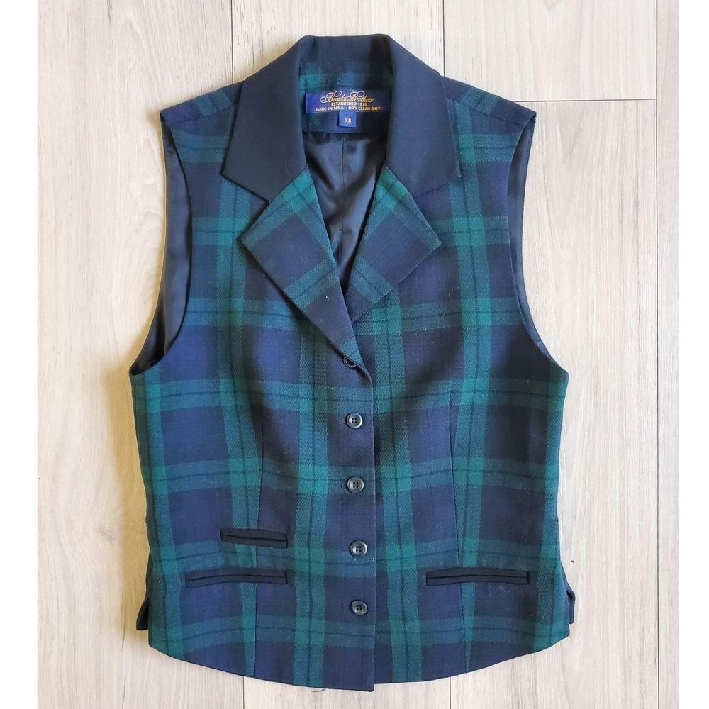 Brooks Brothers Suit Vest Womens XS Green Plaid 100% Wool Lined Belted